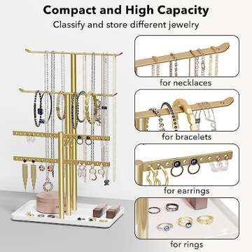 Jewelry Holder Organizer, 12.5'' Tall Sturdy Metal Stand, 3-Tier Jewelry Hanger for Necklace, Earrin...