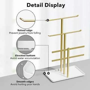 Jewelry Holder Organizer, 12.5'' Tall Sturdy Metal Stand, 3-Tier Jewelry Hanger for Necklace, Earring, Bracelet, Ring, for Display and Storage, Aesthetic Room Decor, Gold Jewlery Tree with White Tray
