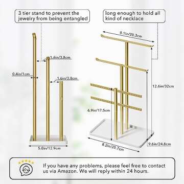 Jewelry Holder Organizer, 12.5'' Tall Sturdy Metal Stand, 3-Tier Jewelry Hanger for Necklace, Earring, Bracelet, Ring, for Display and Storage, Aesthetic Room Decor, Gold Jewlery Tree with White Tray