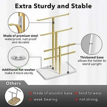 Jewelry Holder Organizer, 12.5'' Tall Sturdy Metal Stand, 3-Tier Jewelry Hanger for Necklace, Earring, Bracelet, Ring, for Display and Storage, Aesthetic Room Decor, Gold Jewlery Tree with White Tray