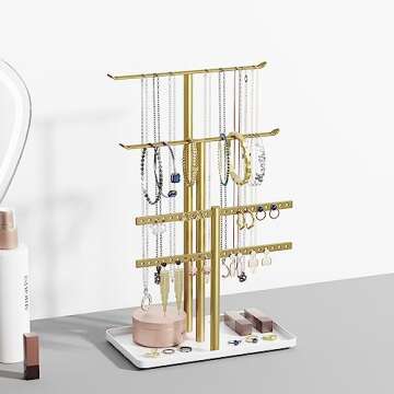 Jewelry Holder Organizer, 12.5'' Tall Sturdy Metal Stand, 3-Tier Jewelry Hanger for Necklace, Earring, Bracelet, Ring, for Display and Storage, Aesthetic Room Decor, Gold Jewlery Tree with White Tray
