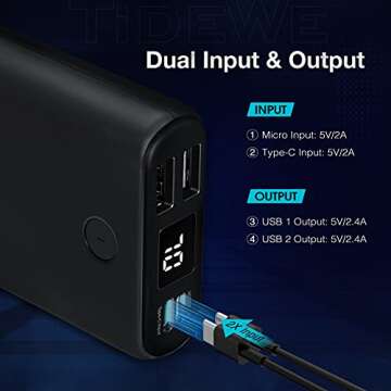 TIDEWE Power Bank, Rechargeable Battery Pack for Heated Vest, Jackets, Pants and Seat Cushion Cover, USB-C 10000mAh Portable Charger with Dual Output Port for iPhone, Samsung Galaxy, and More