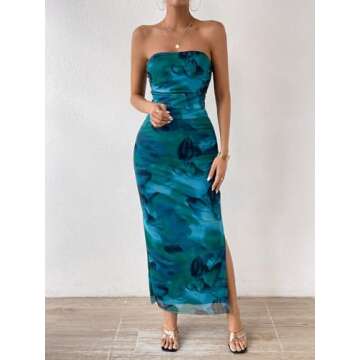 GORGLITTER Women's Floral Strapless Bodycon Wedding Guest Dress Mesh Birthday Going Out Vacation Tube Maxi Long Dresses Green Medium