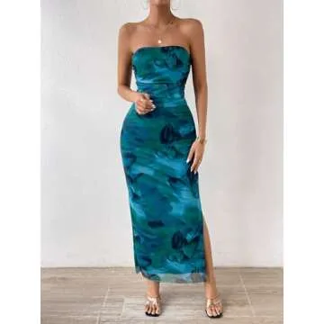 GORGLITTER Women's Floral Strapless Bodycon Wedding Guest Dress Mesh Birthday Going Out Vacation Tube Maxi Long Dresses Green Medium