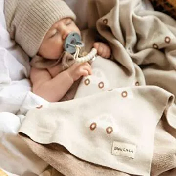 Bleu La La Knit Baby Blanket for Girls and Boys 100% Cotton Buttery Soft Cozy Receiving Swaddle Crib Stroller Blanket for Shower Gift Registry for Newborns, Infants, Toddlers (Cars - Cream)