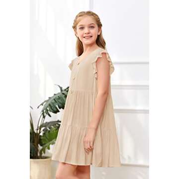 Mafulus Girls Ruffle Sleeve Dress Kids V Neck Button Down Tiered Swing A-Line Summer Beach Sundress ...