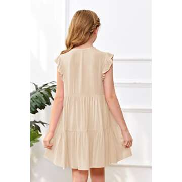 Mafulus Girls Ruffle Sleeve Dress Kids V Neck Button Down Tiered Swing A-Line Summer Beach Sundress Outfit 5-14T