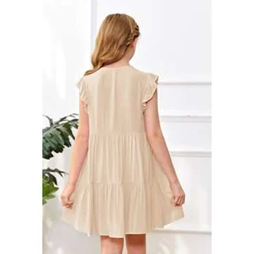 Mafulus Girls Ruffle Sleeve Dress Kids V Neck Button Down Tiered Swing A-Line Summer Beach Sundress Outfit 5-14T