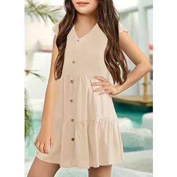 Mafulus Girls Ruffle Sleeve Dress Kids V Neck Button Down Tiered Swing A-Line Summer Beach Sundress Outfit 5-14T