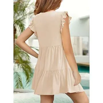 Mafulus Girls Ruffle Sleeve Dress Kids V Neck Button Down Tiered Swing A-Line Summer Beach Sundress Outfit 5-14T