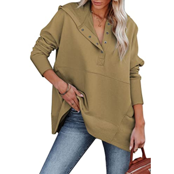 AlvaQ Womens Oversized Half Button Hoodie Sweatshirt Casual Ribbed Long Sleeves Pullover Tunic Top F...