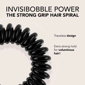 invisibobble Power Traceless Spiral Hair Ties - 5 Pack - True Black - Strong Elastic Grip Coil Hair ...