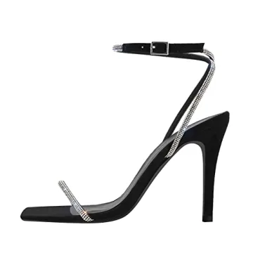 LISHAN Women's Square Open Toe Rhinestone Studded High Heels - Size 11 - Chic & Comfortable Stiletto...