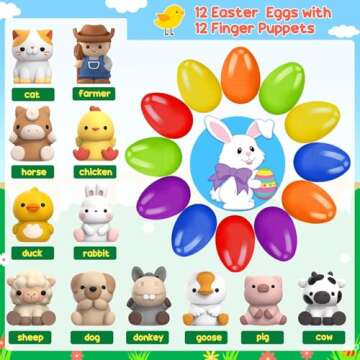 12pack Prefilled Easter Eggs with Finger Puppets, Easter Basket Stuffers with Toys inside for Easter Egg Hunt, Easter Party Favors Supplies, Classroom Prizes Reward, Easter Gifts for kids toddlers