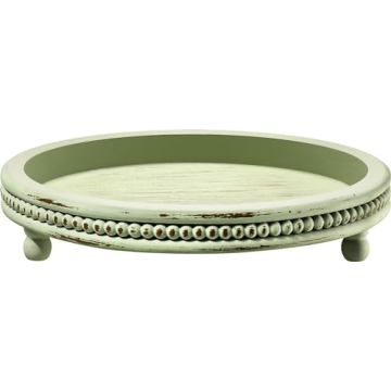 Handmade Wooden Decorative Tray, Small Beaded Coffee Table Tray Decor, Sage Round Serving Tray for Coffee Table, Dining Room Table Entryway and Living Room Table