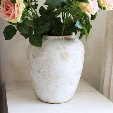 Elegant Cottage Mykonos Vintage Terracotta Boho Vase,Oversized Heavy Vase Whitewash Handpainted Brus...