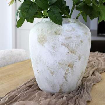 Elegant Cottage Mykonos Vintage Terracotta Boho Vase,Oversized Heavy Vase Whitewash Handpainted Brush Stroke,Rustic Farmhouse Pottery, Decorative Flower Vase for Home Decor,13" X 10" Each Will Vary