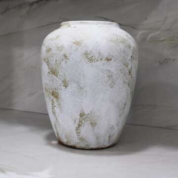 Elegant Cottage Mykonos Vintage Terracotta Boho Vase,Oversized Heavy Vase Whitewash Handpainted Brush Stroke,Rustic Farmhouse Pottery, Decorative Flower Vase for Home Decor,13" X 10" Each Will Vary