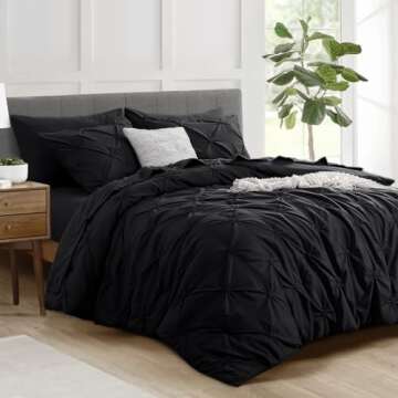 Aisbo Pintuck Comforter Set Queen - Black Pinch Pleated 3-Pieces Comforter Set Soft and Lightweight,...