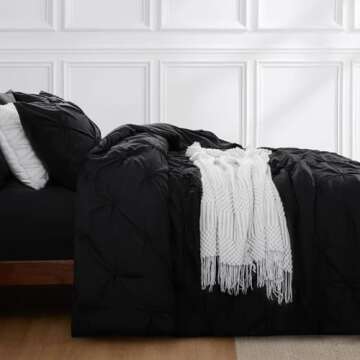 Aisbo Pintuck Comforter Set Queen - Black Pinch Pleated 3-Pieces Comforter Set Soft and Lightweight, All Season Down Alternative Comforter for Queen Size Bed with 2 Pillow Shams