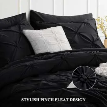 Aisbo Pintuck Comforter Set Queen - Black Pinch Pleated 3-Pieces Comforter Set Soft and Lightweight, All Season Down Alternative Comforter for Queen Size Bed with 2 Pillow Shams