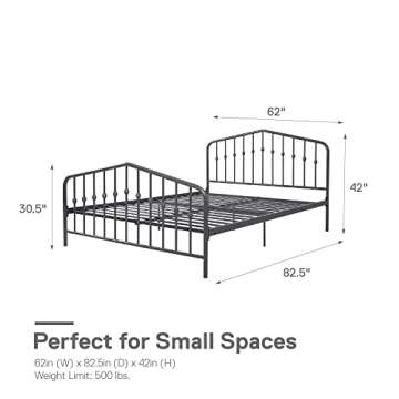 Novogratz Bushwick Metal Bed with Headboard and Footboard | Modern Design | Queen Size - Grey