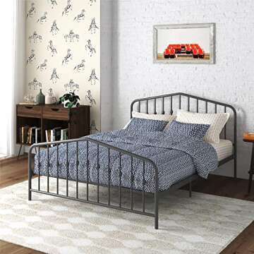 Novogratz Bushwick Metal Bed with Headboard and Footboard | Modern Design | Queen Size - Grey