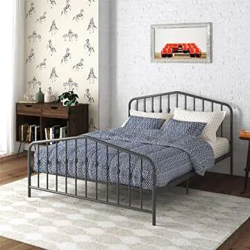 Novogratz Bushwick Metal Bed with Headboard and Footboard | Modern Design | Queen Size - Grey