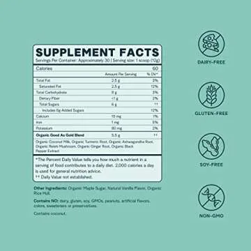 Ora Organic Golden Milk Powder - Ayurvedic Turmeric Powder with Organic Adaptogens - Ashwagandha, Reishi and Ginger | Organic, Gluten-Free, Soy-Free, Vegan, Non-GMO - Maple & Vanilla, 30 Servings