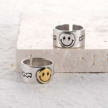 BMMYE 2pcs Wide Smiley Face Ring for Women Tiktok Happy Face Ring Vintage Silver Open Band Rings Statement Gold Smile Smiling