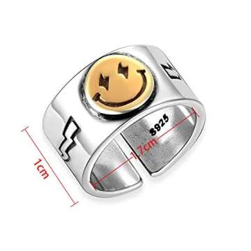 BMMYE 2pcs Wide Smiley Face Ring for Women Tiktok Happy Face Ring Vintage Silver Open Band Rings Statement Gold Smile Smiling