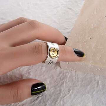 BMMYE 2pcs Wide Smiley Face Ring for Women Tiktok Happy Face Ring Vintage Silver Open Band Rings Statement Gold Smile Smiling