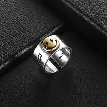 BMMYE 2pcs Wide Smiley Face Ring for Women Tiktok Happy Face Ring Vintage Silver Open Band Rings Statement Gold Smile Smiling