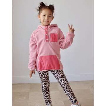 Arshiner Girls Fleece Pullover Hooded Sweatshirt Colorblock Sherpa Hoodie for Teen Girl Fall Winter Button Jacket Coat with Pockets Girls Sweatshirts Size 10-12 Hot Pink Sweatshirt