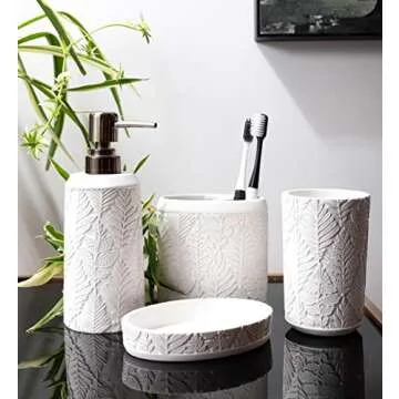 Hymmah Bathroom Accessories Set,Toothbrush Holder,Farmhouse Decor,4 Pcs Resin Gift Apartment Necessities, Contain Toothbrush Cup,Soap Dispenser & Dish,Tumbler
