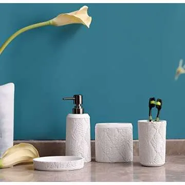 Hymmah Bathroom Accessories Set,Toothbrush Holder,Farmhouse Decor,4 Pcs Resin Gift Apartment Necessities, Contain Toothbrush Cup,Soap Dispenser & Dish,Tumbler