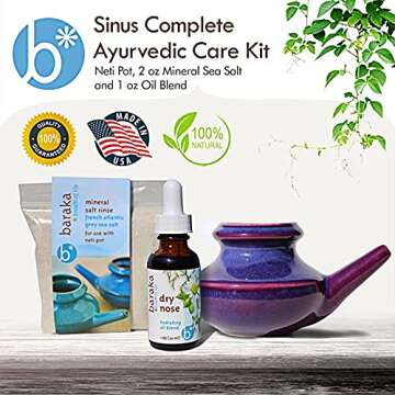 Baraka Sinus Ayurvedic Care Kit - Ceramic Neti Pot (Purple), Perfect for Sinus Relief. (1 oz) Premiu...