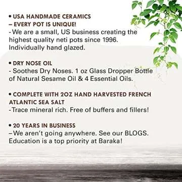 Baraka Sinus Ayurvedic Care Kit - Ceramic Neti Pot (Purple), Perfect for Sinus Relief. (1 oz) Premium Quality Essential Oils and Mineral Salt Rinse (2 oz).