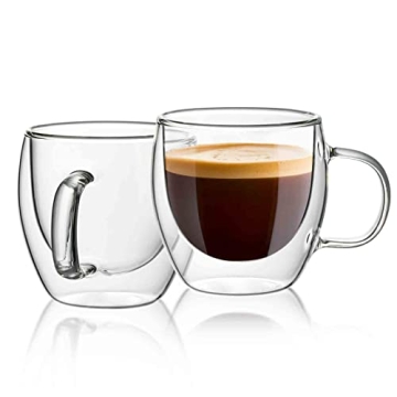 Sweese 5oz Double Wall Glass Espresso Cups Set of 2, Insulated Glass Coffee Cups with Handle Perfect...
