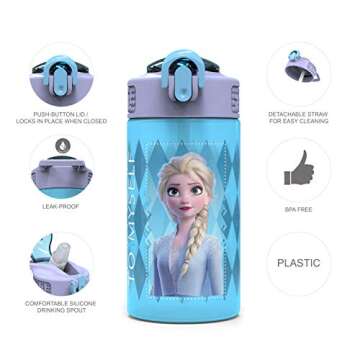 Zak Designs Disney Frozen 2 Kids Water Bottle Set with Reusable Straws and Built in Carrying Loops, Made of Plastic, Leak-Proof Designs 16 oz, BPA-Free, 2pc Set, Elsa & Anna (Frozen 2)