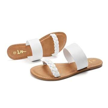 LM Women's Braided Slide Sandals Open Toe Two Strap Slip On Flat Sandals Casual Summer Shoes (9, White)