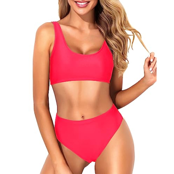 Tempt Me Neon Red Two Piece Scoop Neck Bikini Crop Top Swimsuit Sporty High Waisted Bathing Suit