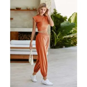 Seetaa Womens 2 Piece Sweatsuits Sets Casual Workout Cropped Tee Top High Rise Sweatpants Athletic Tracksuits(Rust-XS)