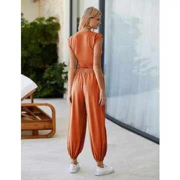 Seetaa Womens 2 Piece Sweatsuits Sets Casual Workout Cropped Tee Top High Rise Sweatpants Athletic Tracksuits(Rust-XS)
