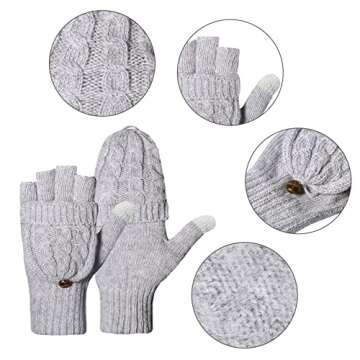 Loritta Winter Gloves Warm Knit Flip Fingerless Gloves Mittens for Women,F- Gray