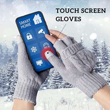 Loritta Winter Gloves Warm Knit Flip Fingerless Gloves Mittens for Women,F- Gray