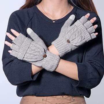 Loritta Winter Gloves Warm Knit Flip Fingerless Gloves Mittens for Women,F- Gray