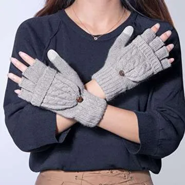 Loritta Winter Gloves Warm Knit Flip Fingerless Gloves Mittens for Women,F- Gray