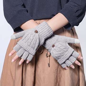 Loritta Winter Gloves Warm Knit Flip Fingerless Gloves Mittens for Women,F- Gray