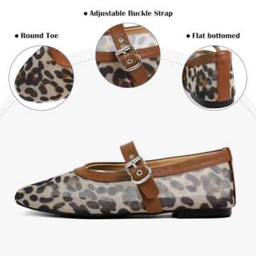 VBDB Leopard Mesh Ballet Flats for Women Buckle Strap Round Toe Wide Width Mesh Mary Jane Flats Casu...